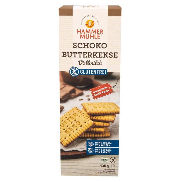 Verpackung von Schoko Butterkekse. Aufschrift: Hammer Mühle, glutenfrei. 4 Snack-Packs. Ohne Zusatz von Weizen und Palmöl. 135g.