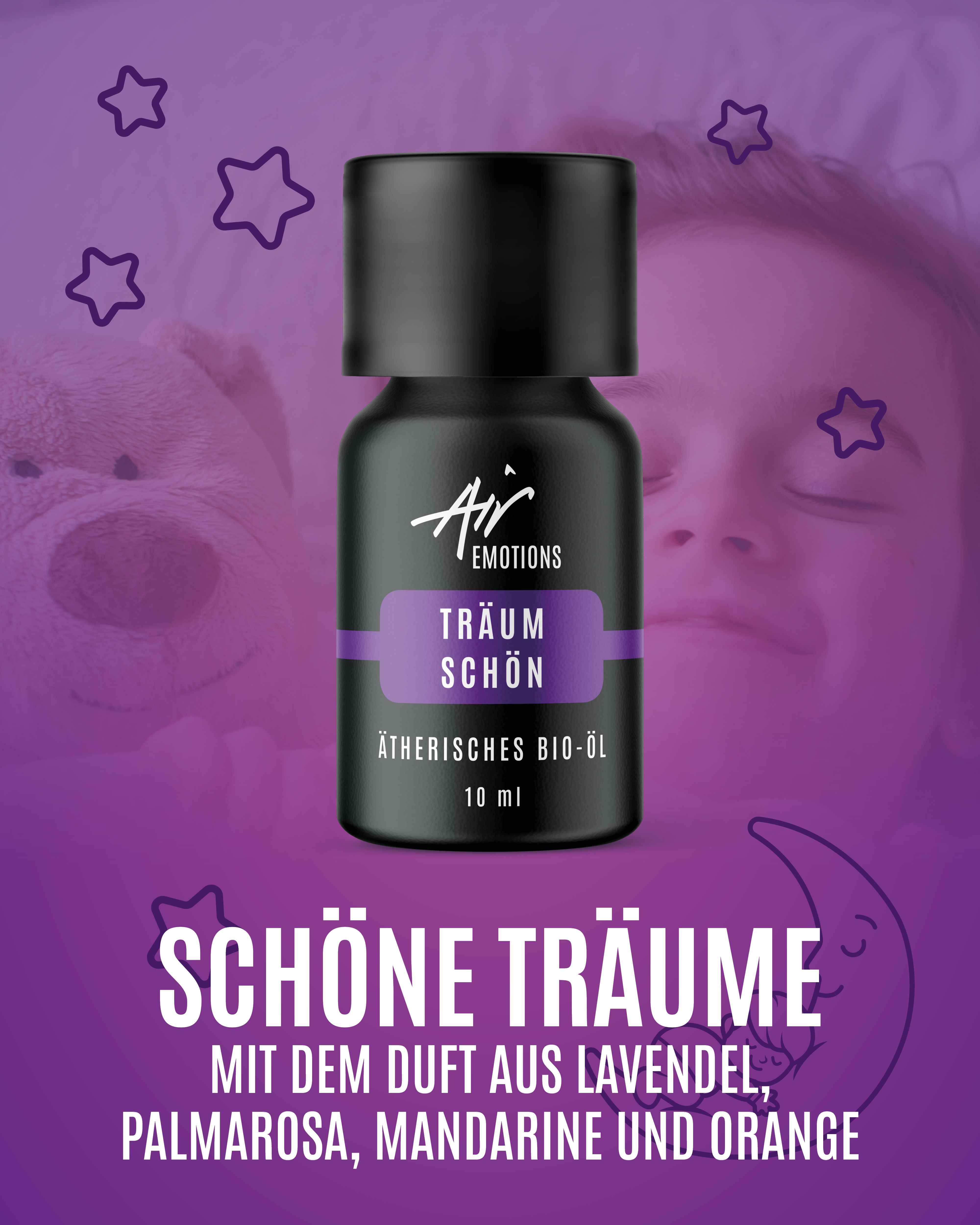 Flasche "Träum schön" vor lila Hintergrund mit Kind, Teddy und Sternen. Text: Schöne Träume mit Lavendel, Palmarosa, Mandarine, Orange.