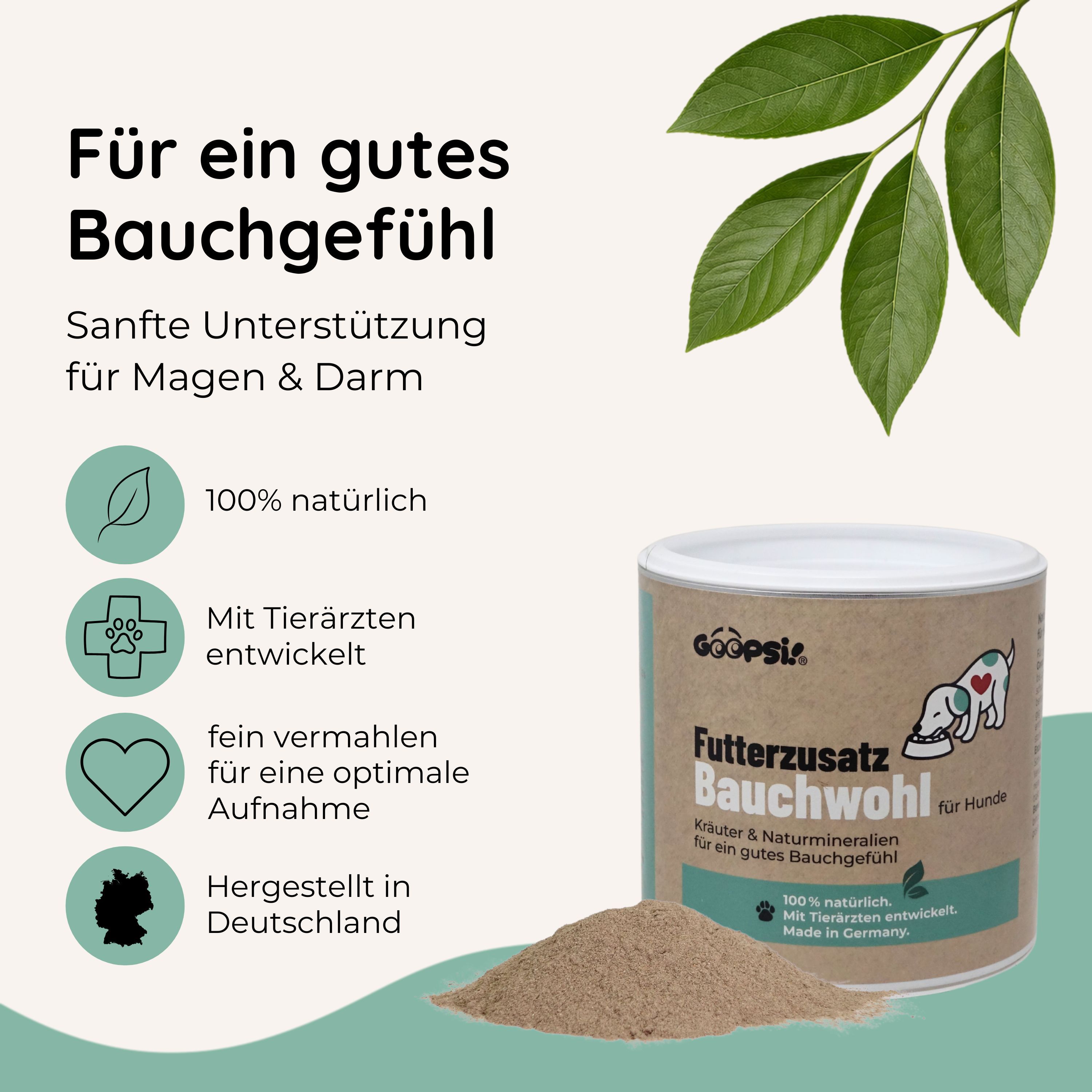 Dose mit Pulver für Hunde zur Unterstützung von Magen & Darm. "Futterzusatz Bauchwohl".