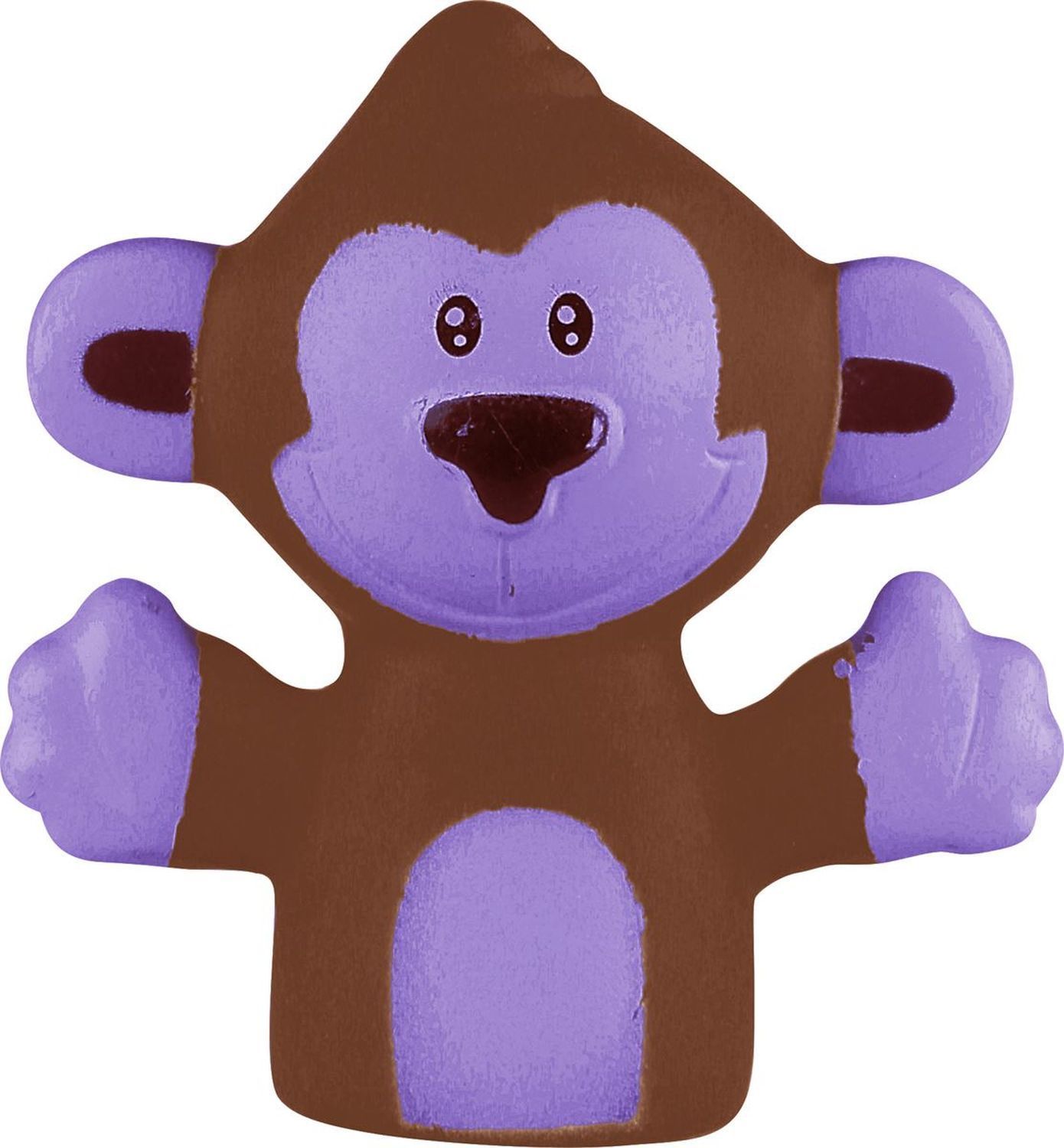Braune Affen-Fingerpuppe mit lila Gesicht und Armen. Gummi-Tierfigur mit schwarzem Gesicht.