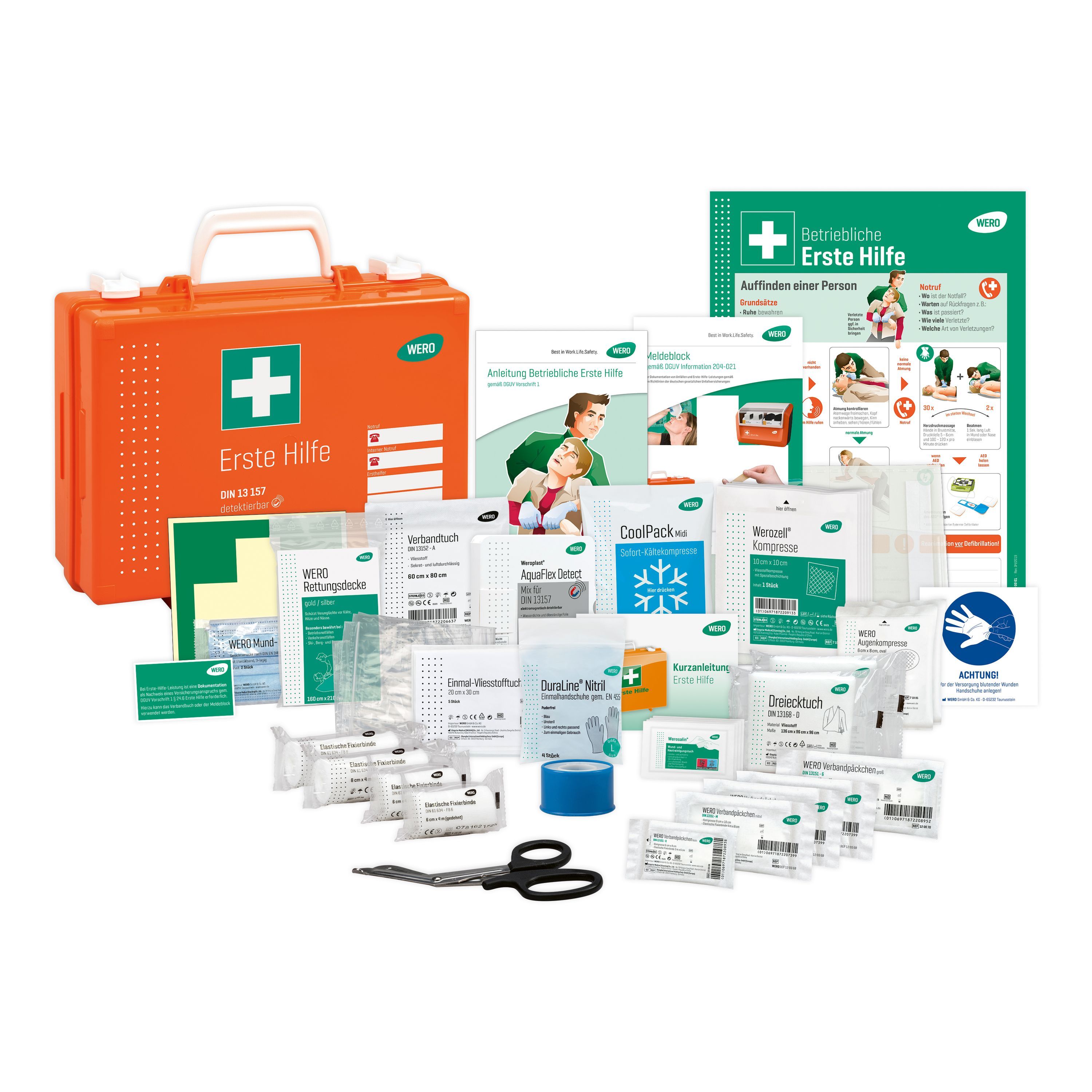 Orange Erste-Hilfe-Koffer mit Inhalt. Enthält Verbandsmaterial, Schere, Kühlpackung und Anleitungen. Mit weißem Kreuz.