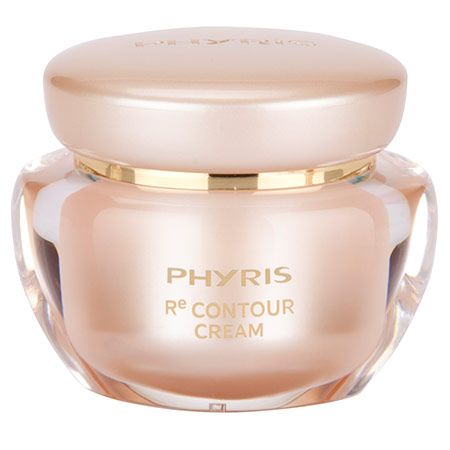 Creme-Tiegel mit Deckel. Aufschrift PHYRIS Re Contour Cream. Beige-rosa Farbton, goldfarbener Ring.