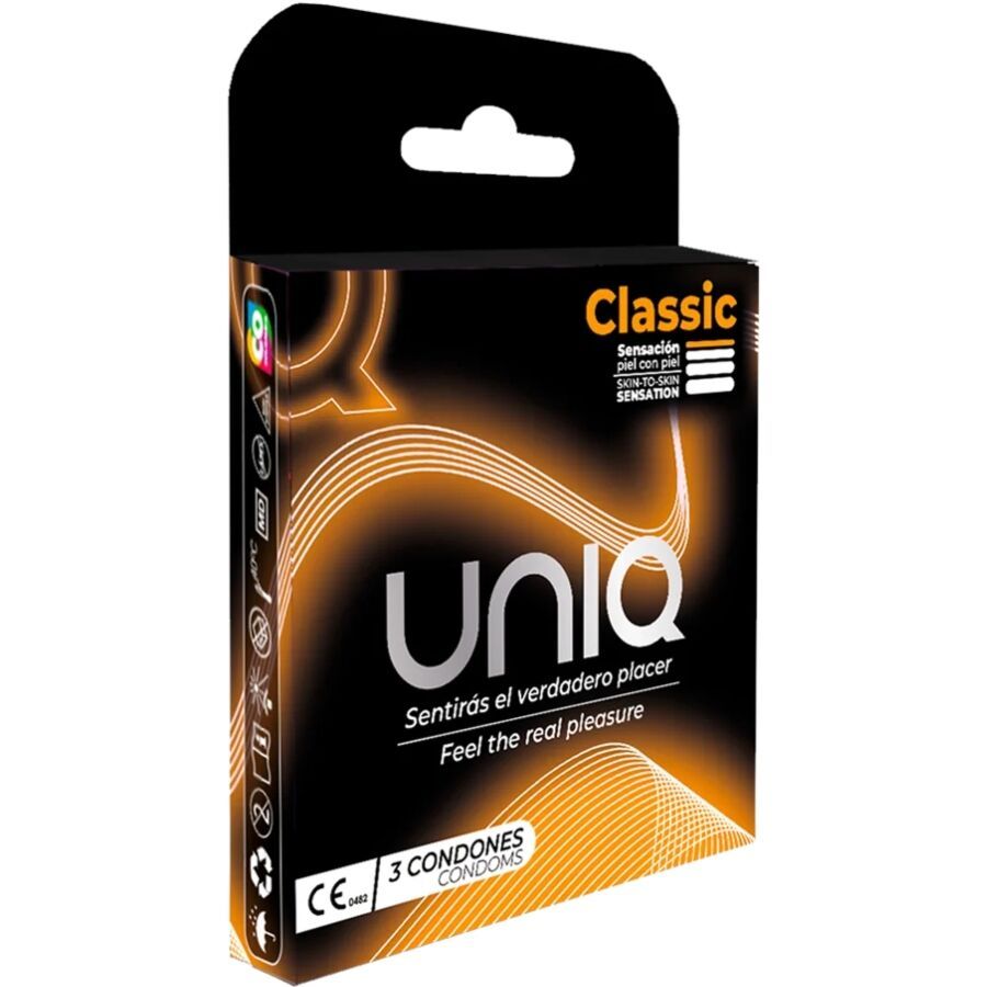 Schwarze Verpackung mit 'Uniq Classic'. Enthält 3 Kondome. Text: 'Feel the real pleasure'. CE-Kennzeichnung. Orangefarbene und weiße Elemente.