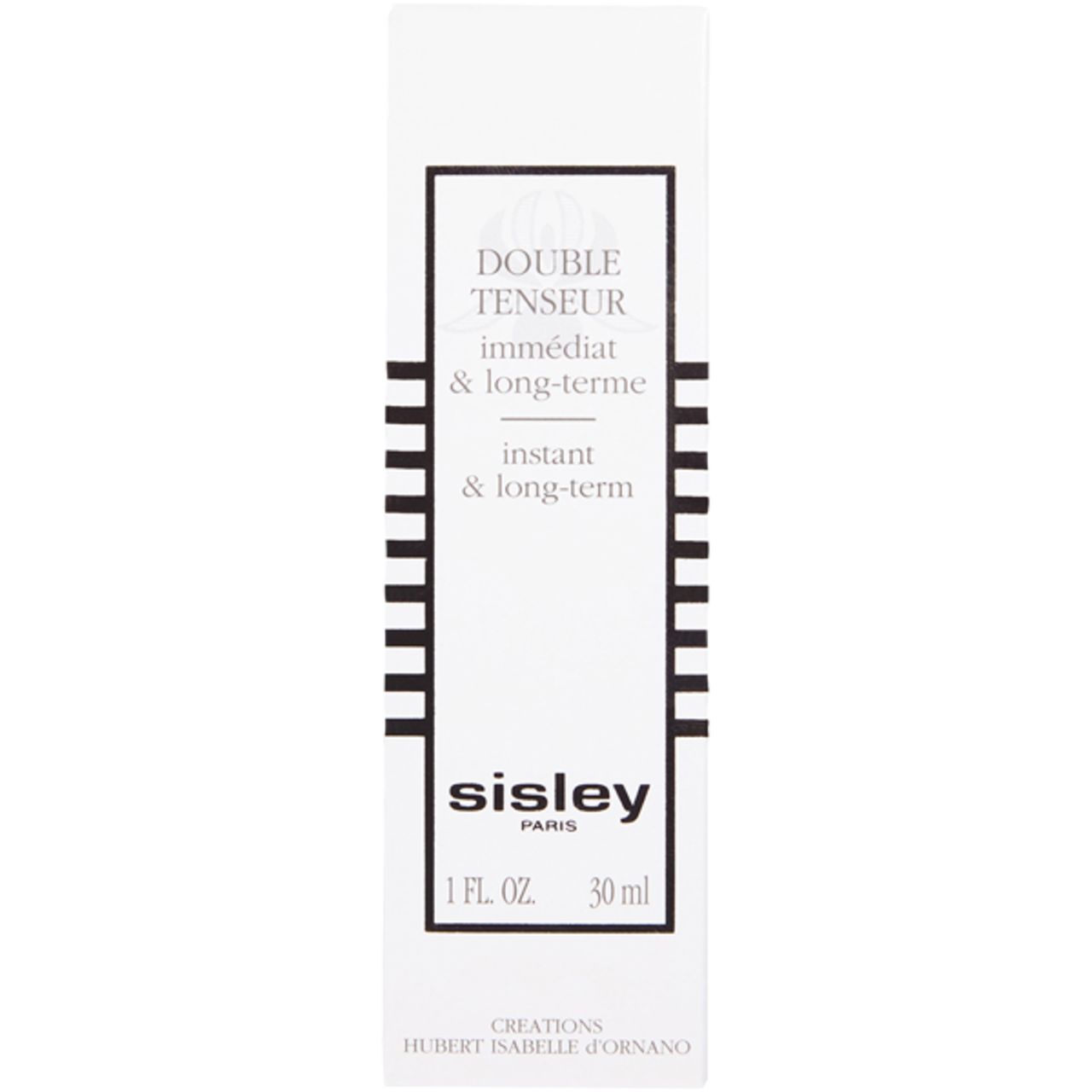 Weiße Verpackung mit Aufschrift: Double Tenseur, Sisley. 1 fl.oz. 30 ml. Schwarze Streifen.