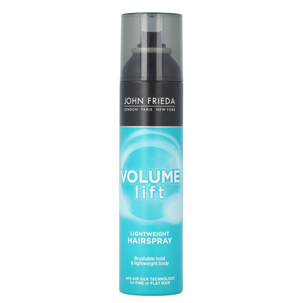 Haarspray-Flasche, John Frieda, Volume Lift. Schwarz-Türkis, mit Sprühkopf. Text: Lightweight Hairspray.