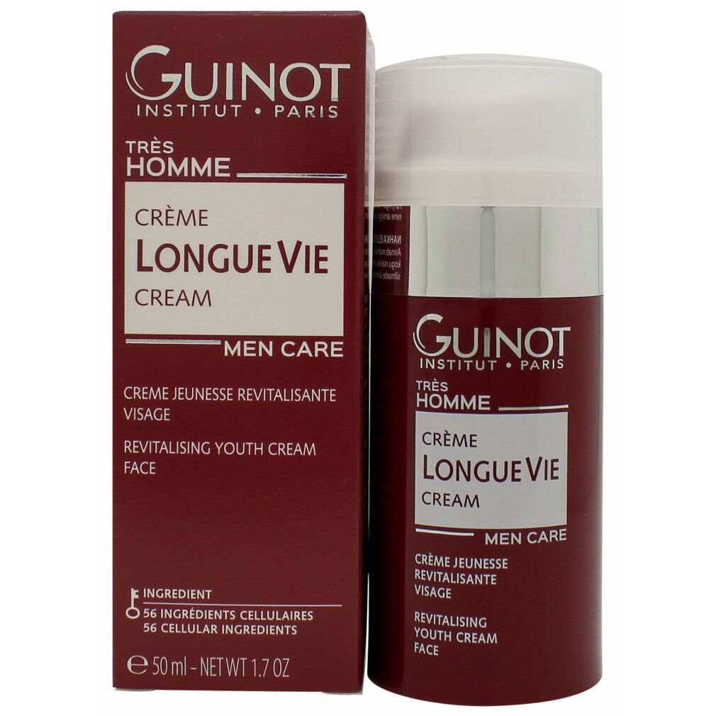 Creme und Verpackung. Creme Longue Vie, Men Care. Aufschrift: Crème Jeunesse Revitalisante Visage. 56 Inhaltsstoffe.