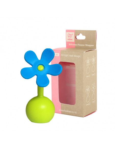 Produktverpackung mit Blumenverschluss. Der Verschluss ist blau. Die Verpackung zeigt das Produkt und Text.