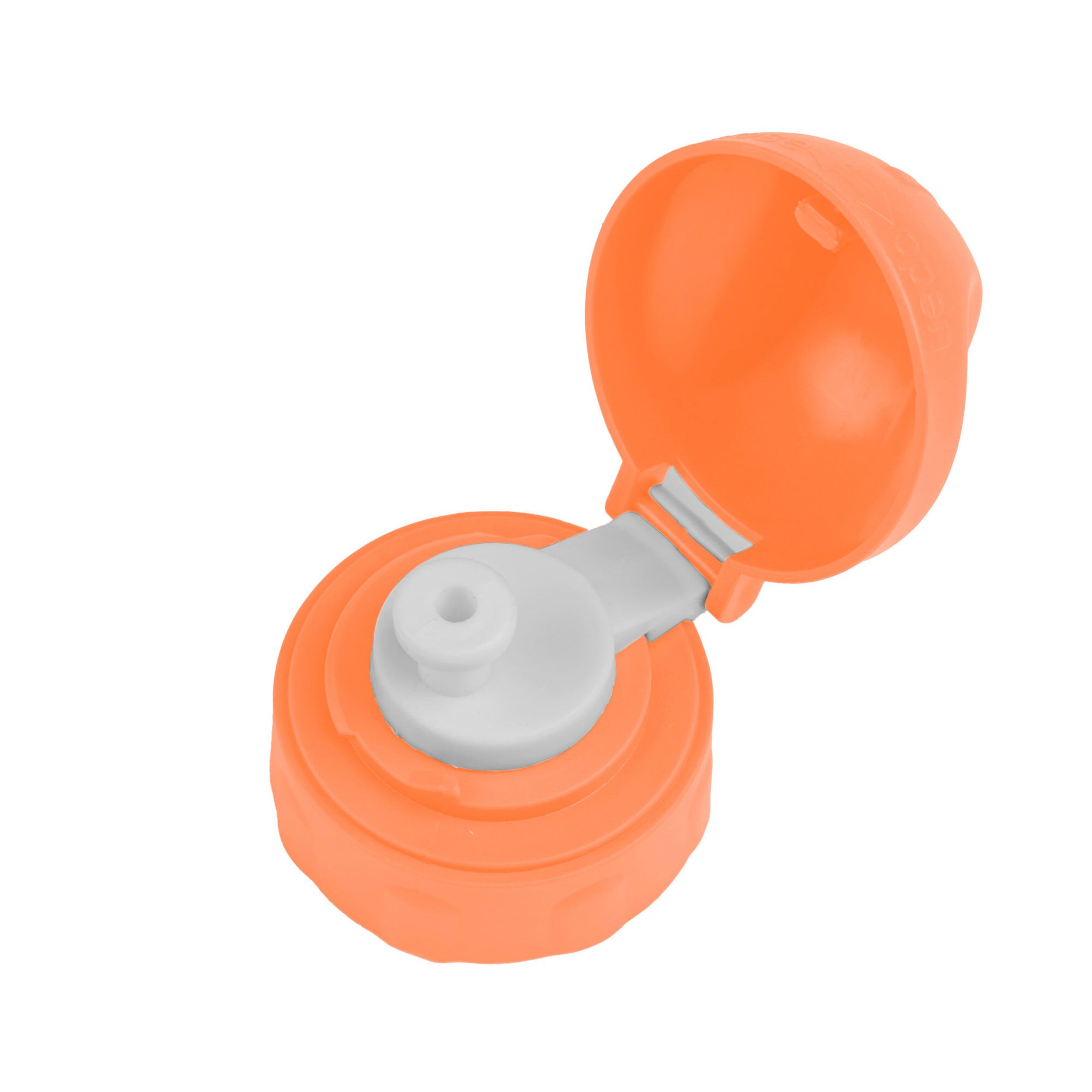 Orangefarbener Deckel einer Trinkflasche, geöffnet. Der Deckel hat eine runde Form.