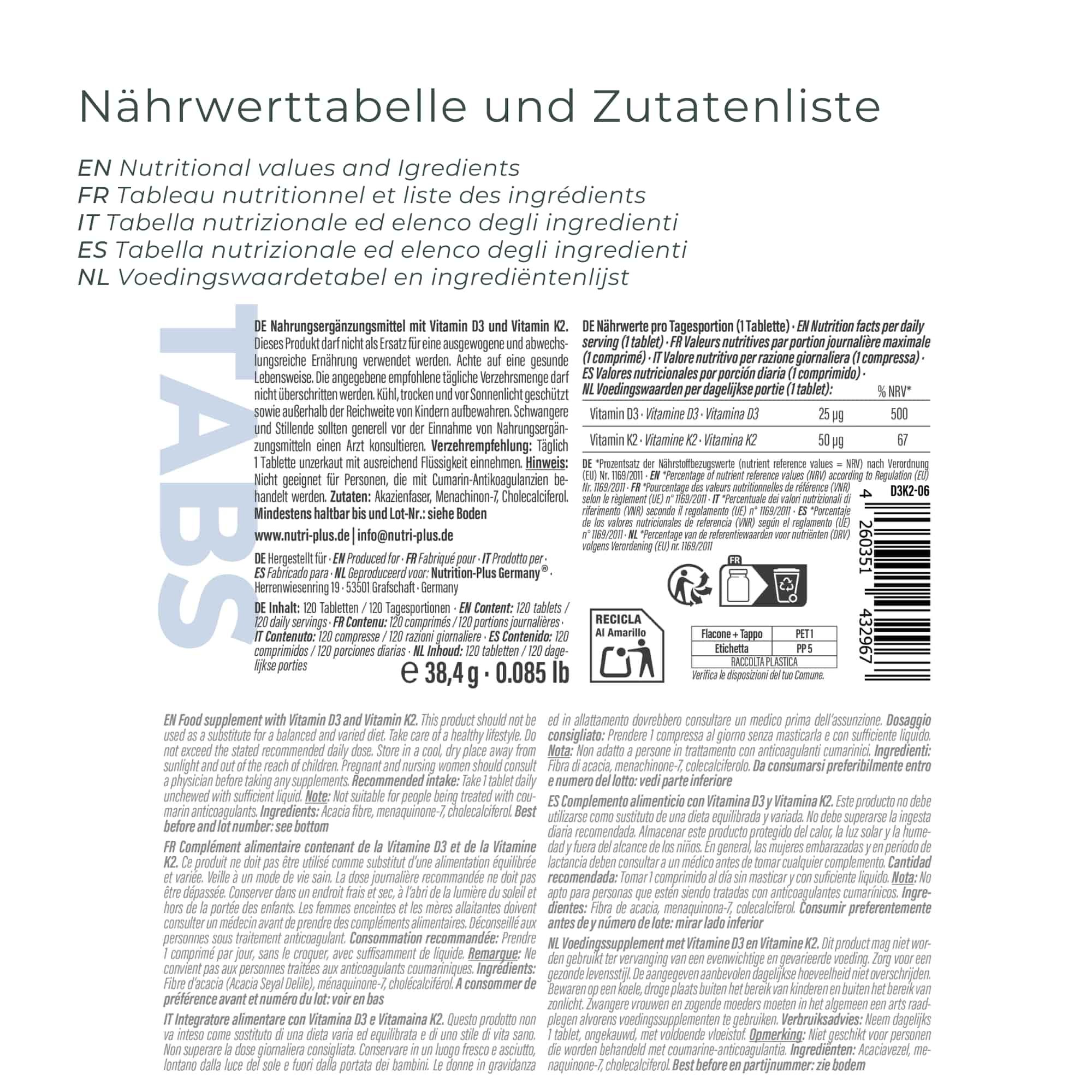 Nährwerttabelle und Zutatenliste. Text in mehreren Sprachen. Informationen zu Nährwerten und Inhaltsstoffen von Vitamin D3 + K2 Tabletten.