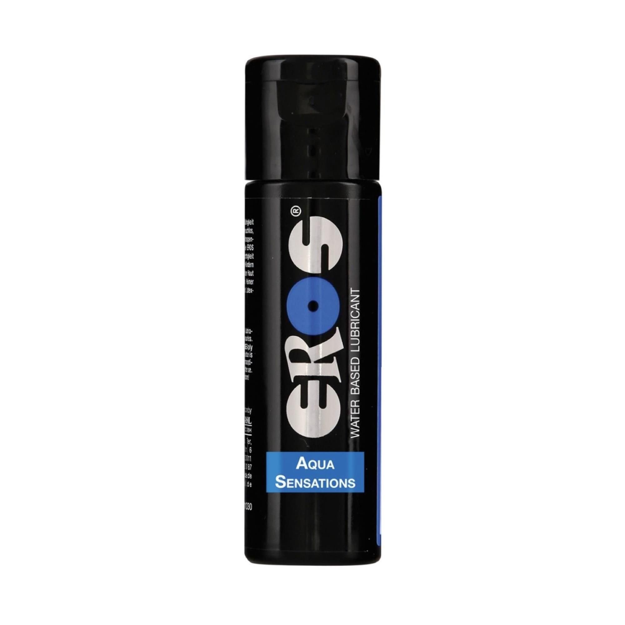 Schwarze Flasche mit blauem Etikett. Aufschrift: EROS, Aqua Sensations, Water Based Lubricant.