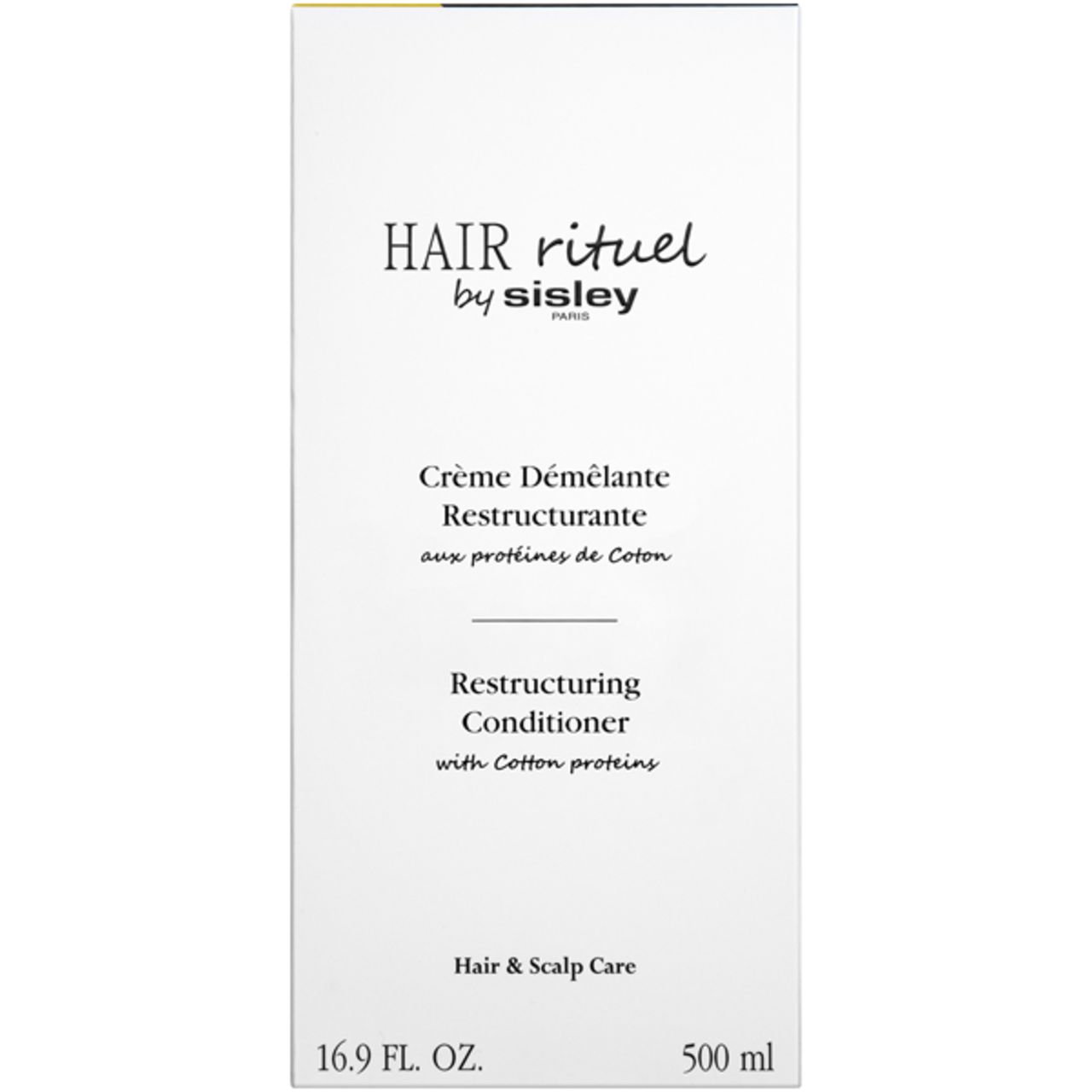 Hohe, weiße Verpackung. Produktname und Text auf der Vorderseite. Hair & Scalp Care. 16.9 FL. OZ. 500 ml.