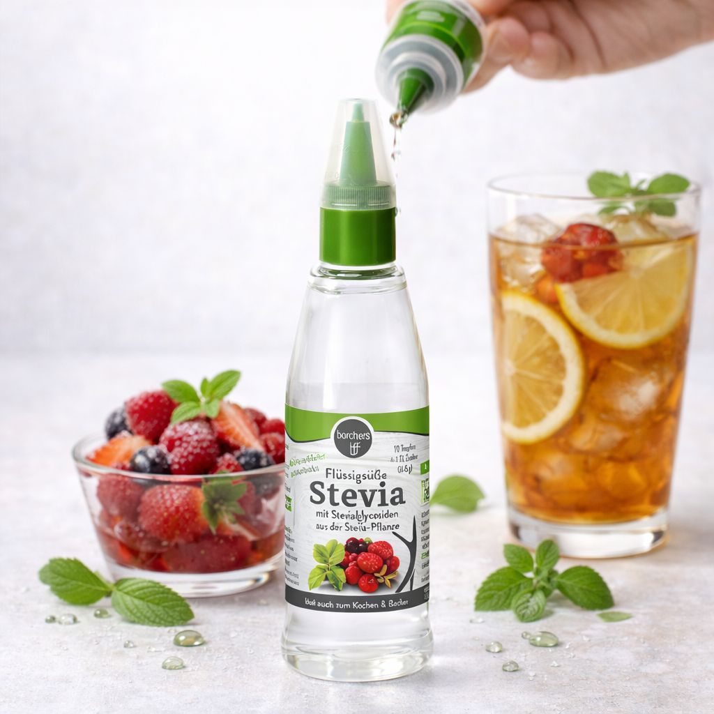 Börchers Bio Stevia Flüssigsüße in einer transparenten Flasche mit grünem Tropfverschluss, neben Beeren und einem Glas Eistee.
