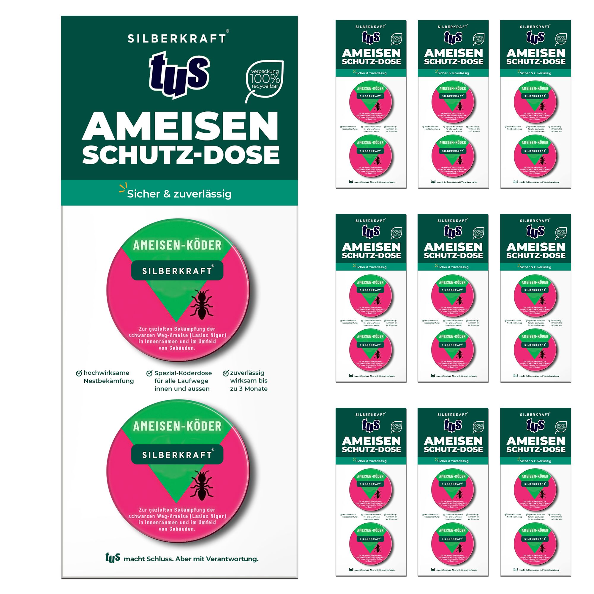 Verpackung mit Ameisen-Ex Köderdose. Mehrere Packungen mit Produktinformationen und Köderdosen-Abbildungen. Marke: SILBERKRAFT.