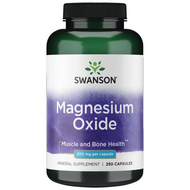 Grüne Flasche mit weißem Etikett. Aufschrift: SWANSON Magnesium Oxide, 200 mg pro Kapsel. 250 Kapseln.