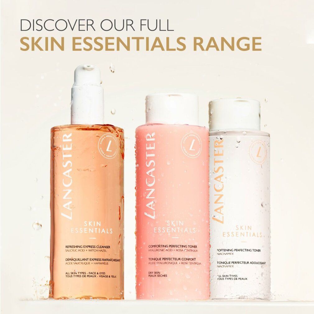 Drei Produkte der SKIN ESSENTIALS-Reihe. Links: Express Cleanser. Mittig: Toner. Rechts: Toner. Alle mit Pumpverschluss.