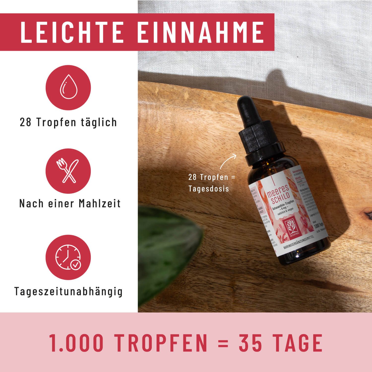 Astaxanthin-Tropfenflasche auf Holzbrett, daneben Icons für Einnahmeempfehlung.