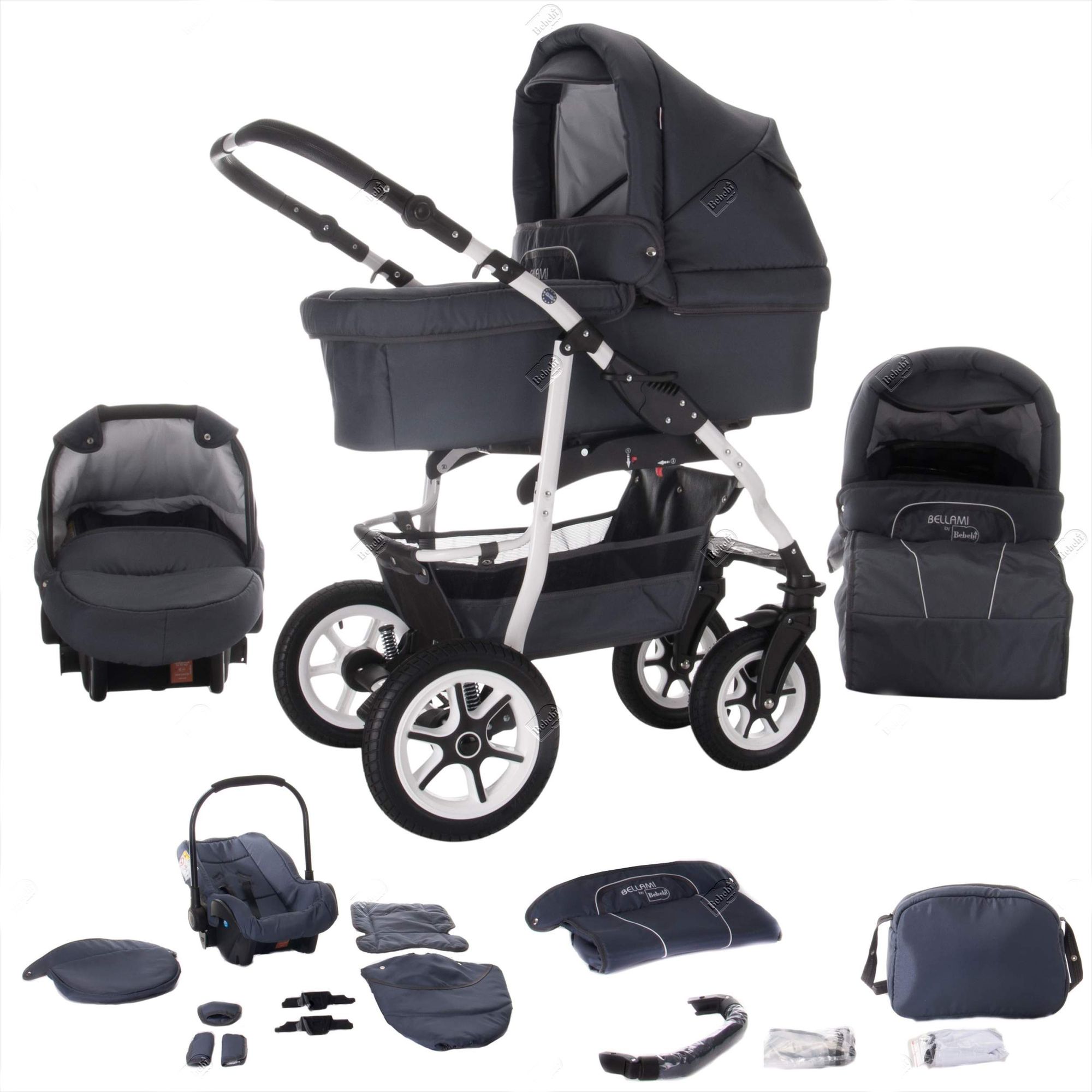 Bebebi Bellami Luftreifen Weiß 3 in 1 Kinderwagen Komplettset, Bellagrey