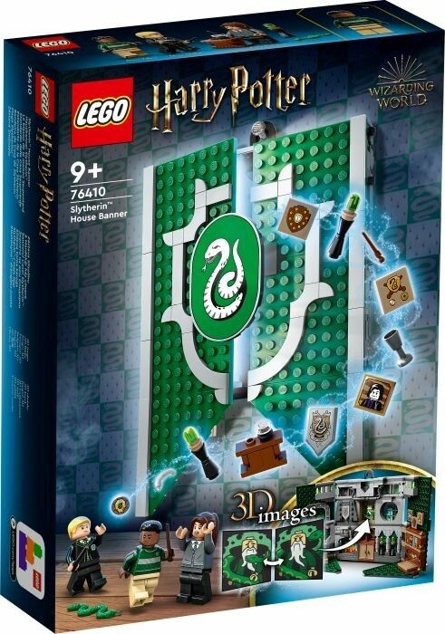 LEGO Harry Potter Stendardo della Casa Serpeverde. La confezione mostra lo stendardo verde con lo stemma di Serpeverde, circondato da accessori e personaggi. Il set è adatto a bambini dai 9 anni in su.