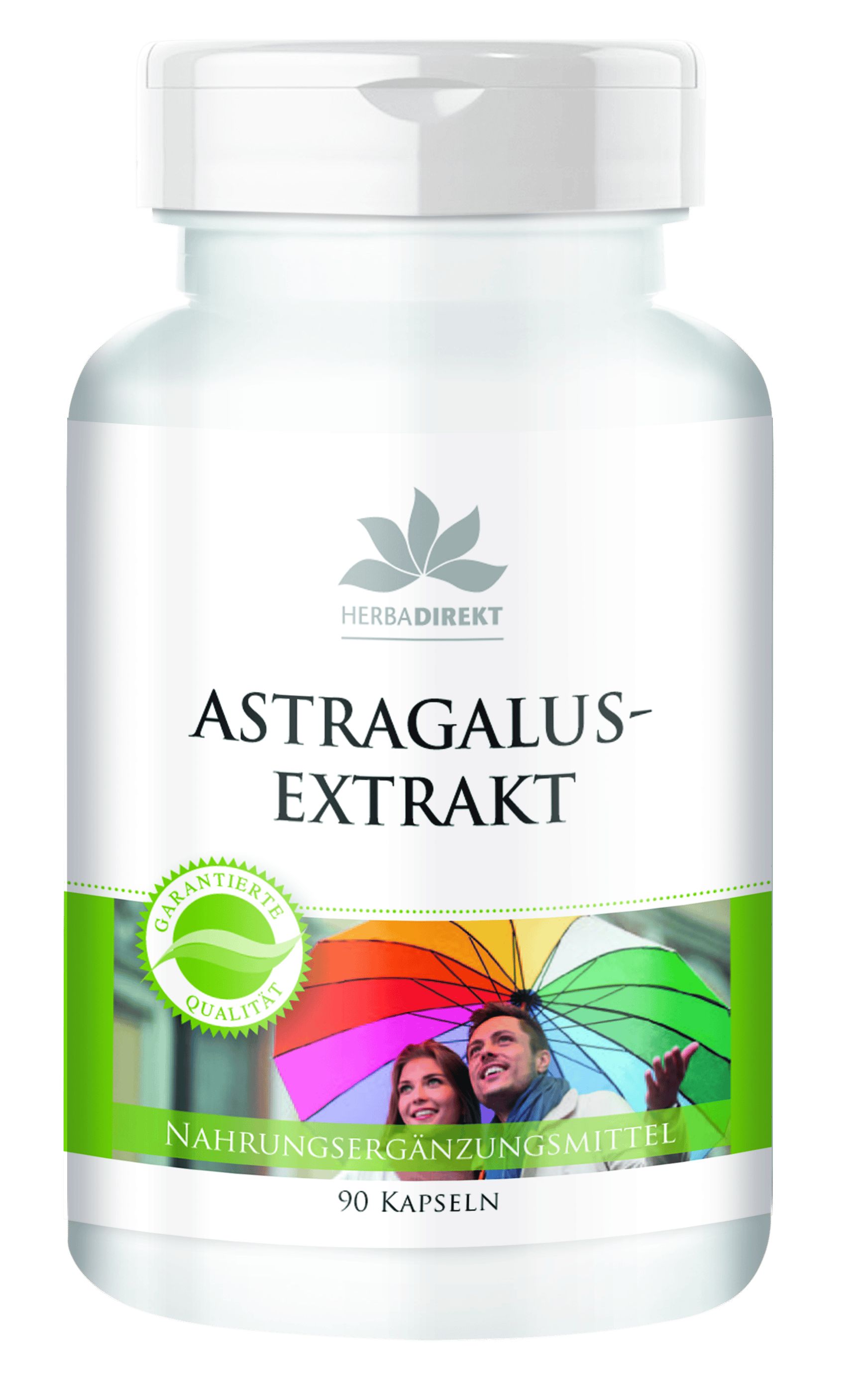 Weiße Flasche mit Kapseln. Aufschrift: ASTRAGALUS-EXTRAKT, Herbadirekt, 90 Kapseln. Grünes Qualitätslogo.