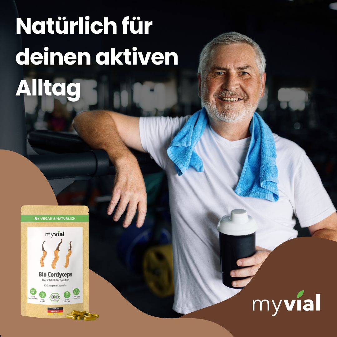 myvial® Bio Cordyceps Kapseln - 120 Stück aus reinem Fruchtkörper - vegan & plastikfrei