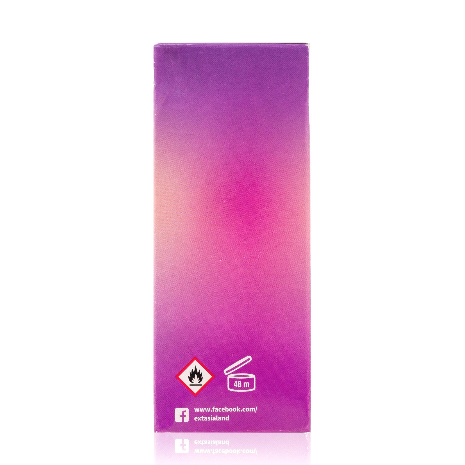 Rückseite der Verpackung von Pherofly Strong for Women. Text: Warnsymbole, Facebook-Adresse. Hergestellt in den Niederlanden.