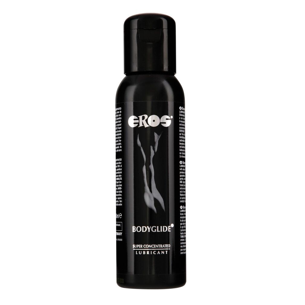 Schwarze Flasche mit schwarzem Deckel. Aufschrift EROS, BODYGLIDE, SUPER CONCENTRATED LUBRICANT. Abbildung einer Frau.