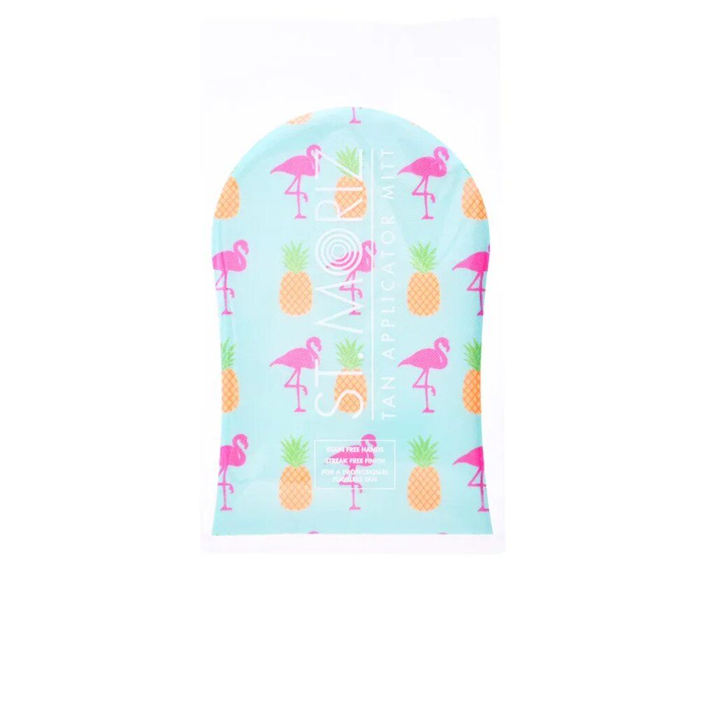 Applikator-Handschuh in Plastikverpackung. Blauer Handschuh mit Flamingo- und Ananas-Muster und ST. MORIZ-Logo. Für streifenfreie Bräune.