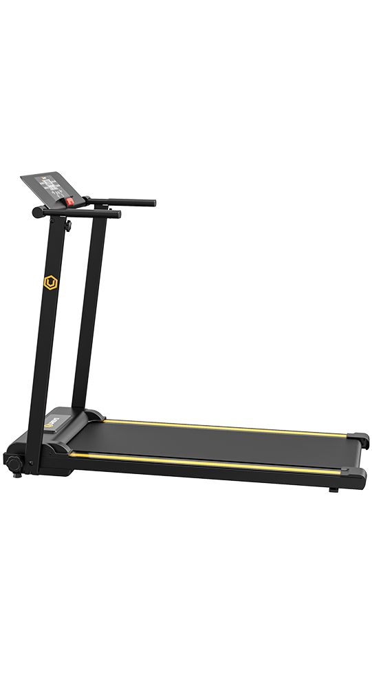 Schwarzes Laufband mit gelben Akzenten. Konsole mit Display und Bedienelementen. UREVO-Logo sichtbar.