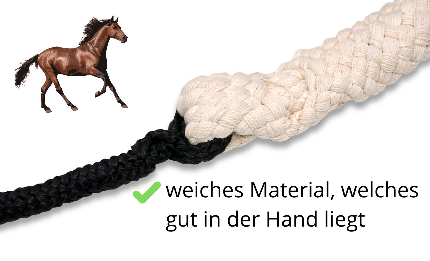 Nahaufnahme einer Doppellonge. Schwarz-weißes Seil, verbunden. Text: weiches Material.