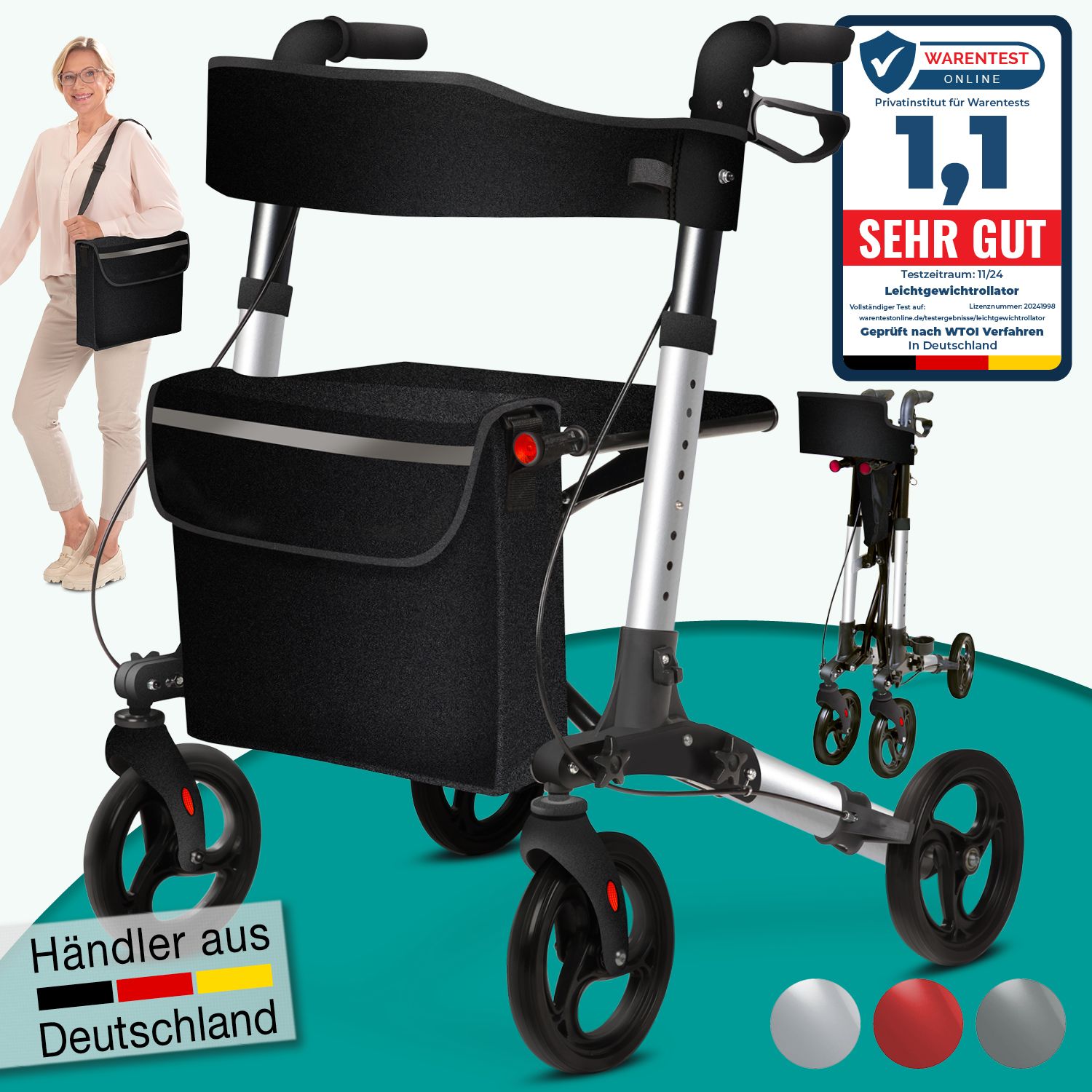 aktivshop Rollator Leichtgewichtrollator mit Stockhalter, Einkaufstasche & Rückengurt