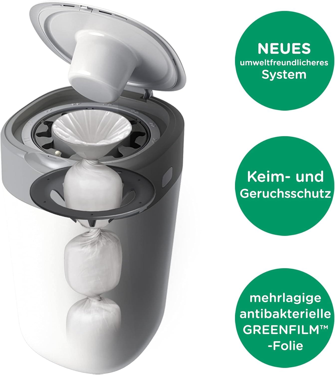 Windeleimer mit geöffnetem Deckel. Innenliegende Beutel. Text: Neues umweltfreundlicheres System, Keim- und Geruchsschutz.
