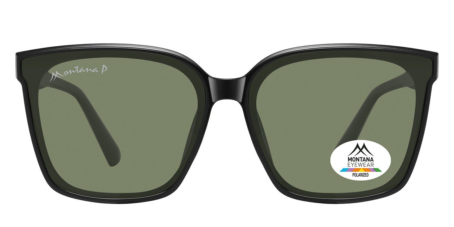 Schwarze Sonnenbrille mit grünen Gläsern. Montana Eyewear Logo auf dem Glas und Bügel. Polarisierte Gläser.