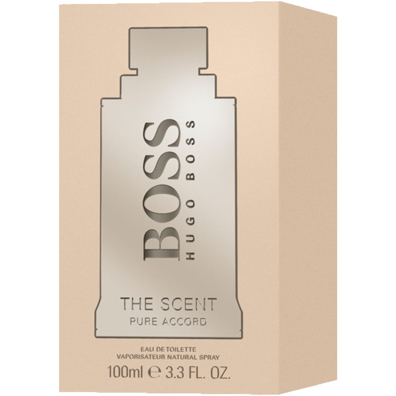 Boss The Scent Pure Accord E.d.T. Nat. Spray. Confezione beige con logo e nome del prodotto. Forma squadrata.