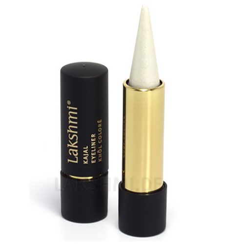 Weißer Kajal-Eyeliner mit goldener Hülse und schwarzem Deckel. Der Deckel zeigt den Markennamen Lakshmi.