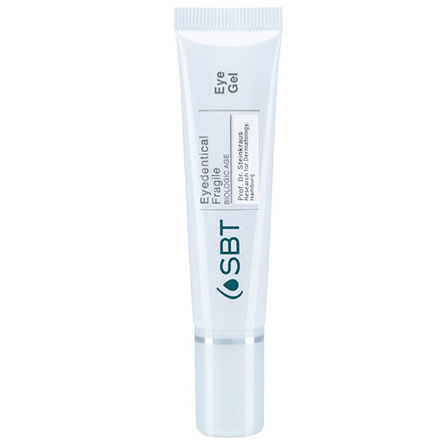 Weißer Tube mit Aufschrift "Eye Gel". Logo "SBT". Text: "Eyedentical Fragile BIOLOGIC AGE".