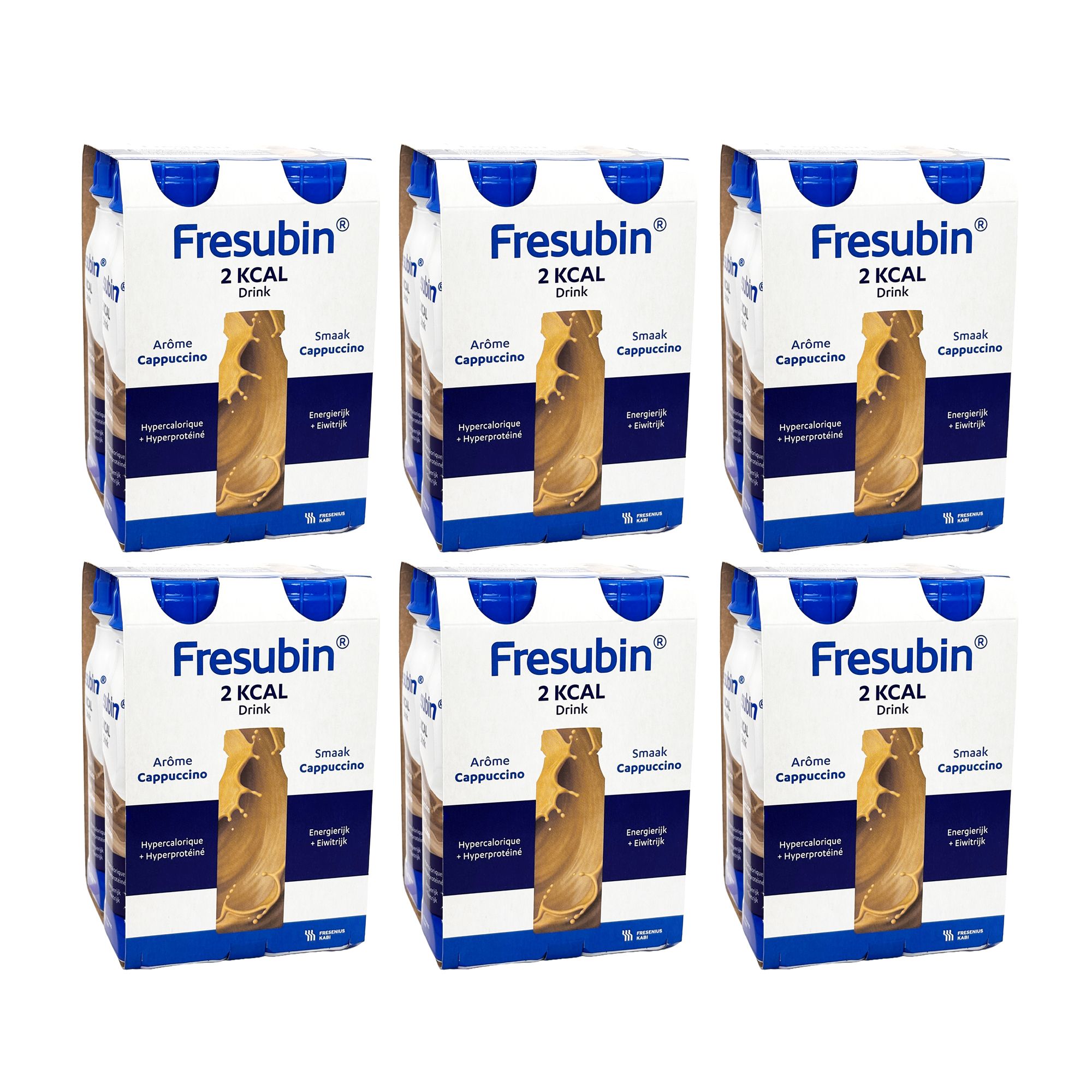 Sechs Packungen Fresubin 2 kcal Drink Cappuccino. Blaue und weiße Verpackung mit Produktinformationen und Abbildung.