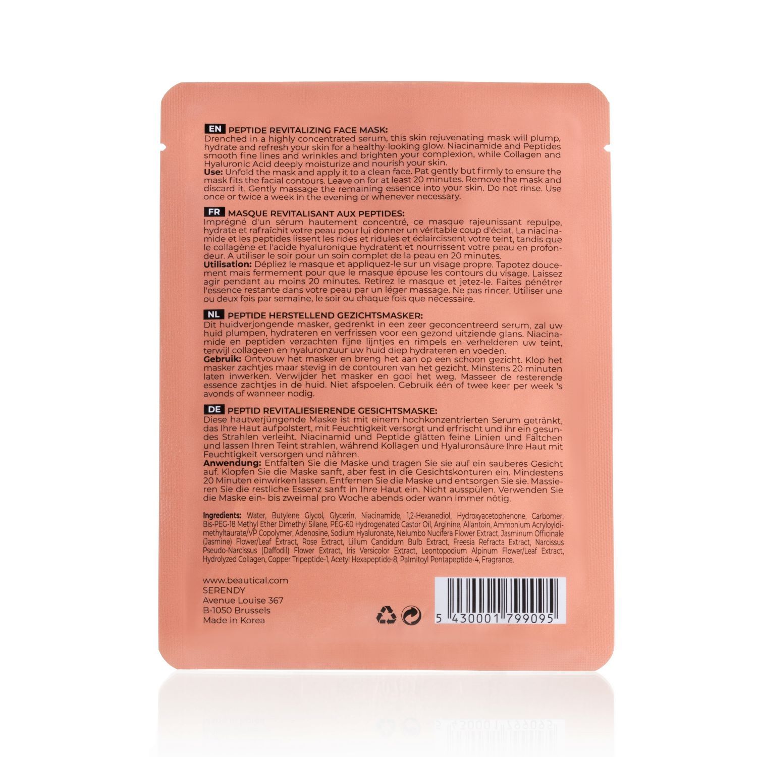 Rückseite der Beautical Peptid-Revitalisierungsmaske. Text in Englisch, Französisch, Niederländisch und Deutsch. Inhaltsstoffe.
