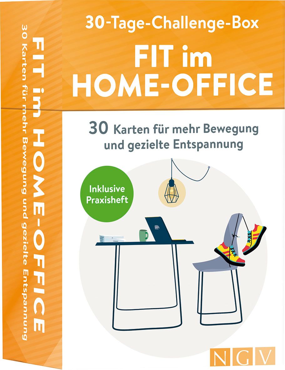 Box mit dem Titel "FIT im HOME-OFFICE". Enthält 30 Karten für mehr Bewegung und Entspannung. Inklusive Praxisheft. Illustration eines Büros mit Schreibtisch und Stuhl.