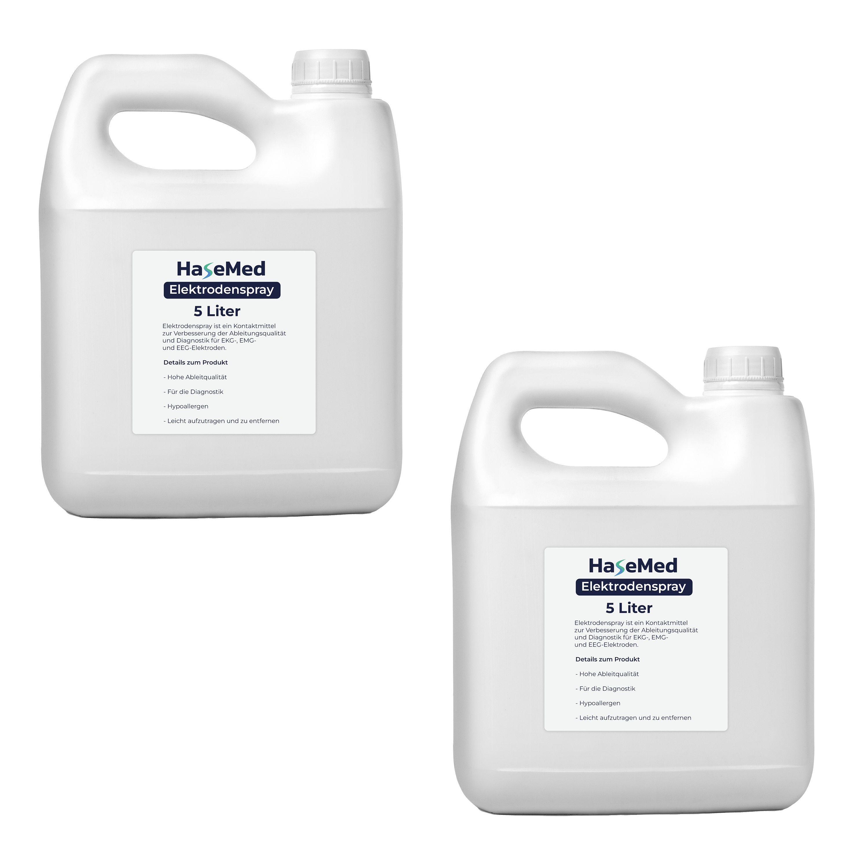 Zwei weiße Kanister mit Griff und Schraubverschluss. Aufkleber mit "HaseMed Elektrodenspray 5 Liter".