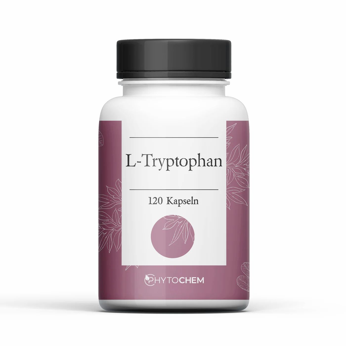 Weißes Fläschchen mit schwarzem Deckel. Aufschrift: L-Tryptophan, 120 Kapseln. Marke: Phytochem.