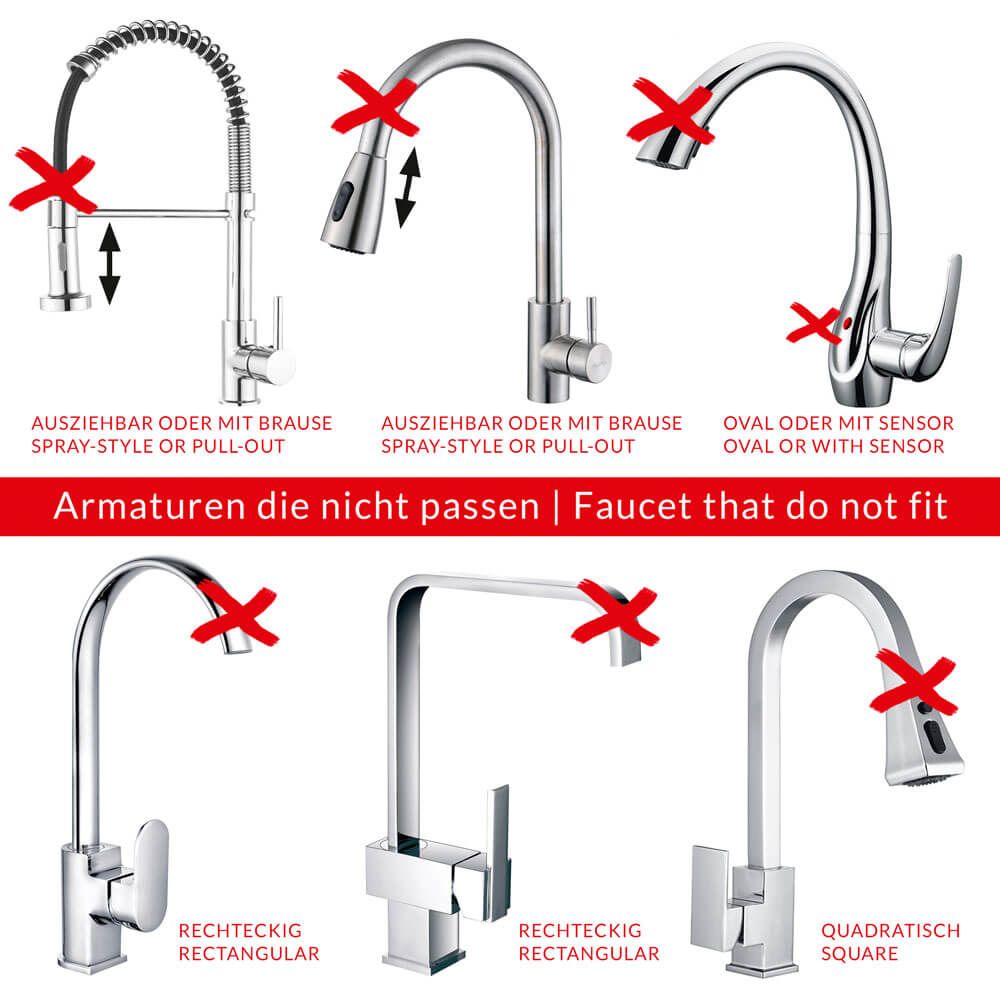 Verschiedene Wasserhähne mit roten Kreuzen markiert. Text: Armaturen die nicht passen | Faucet that do not fit.