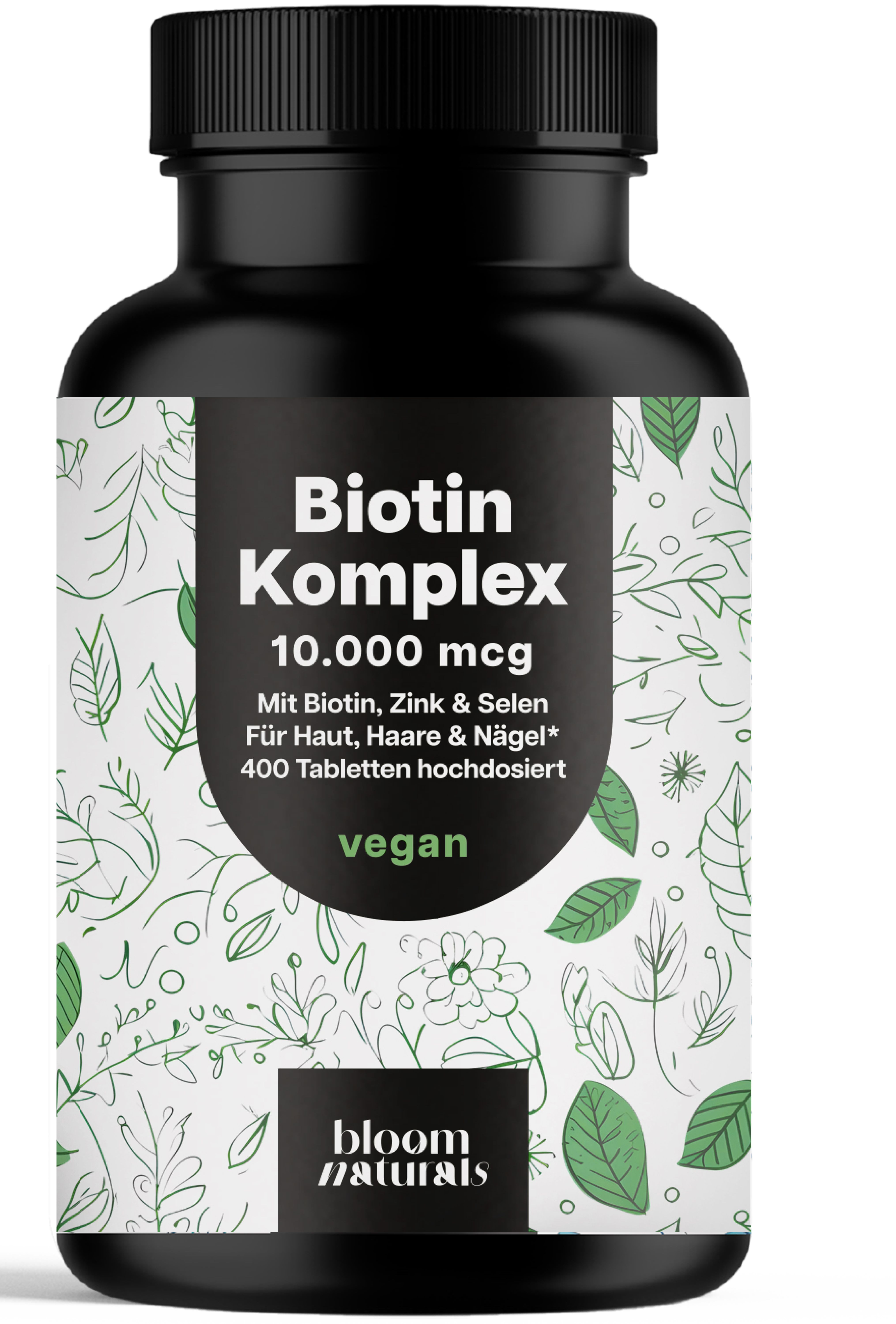 Schwarze Flasche mit Etikett. Aufschrift: Biotin Komplex 10.000 mcg. Enthält Biotin, Zink & Selen. 400 Tabletten. Vegan.
