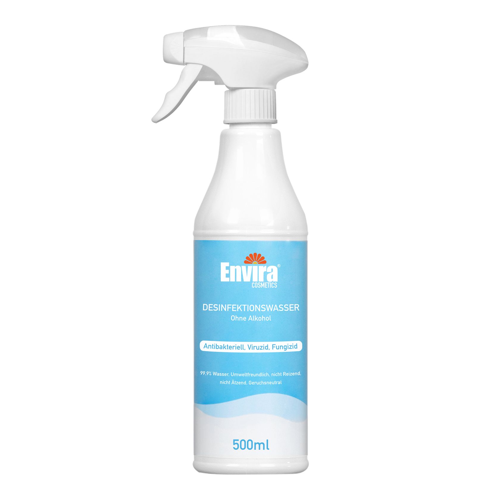 Weiße Sprühflasche mit blauem Etikett. Text: Envira Cosmetics Desinfektionswasser. Ohne Alkohol. 500ml.