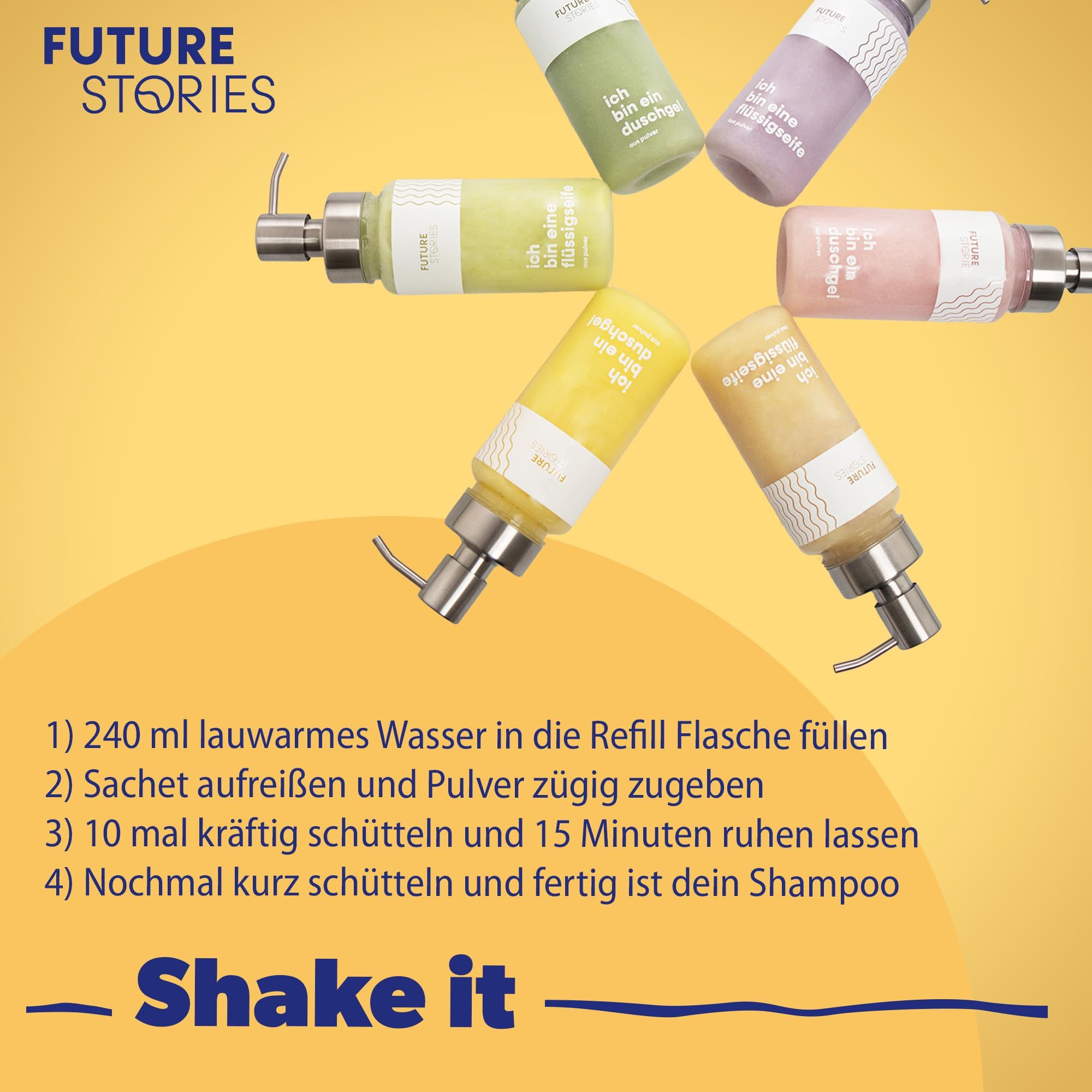 Anleitung zur Herstellung von Shampoo. Flaschen mit verschiedenen Farben. Text: Shake it.
