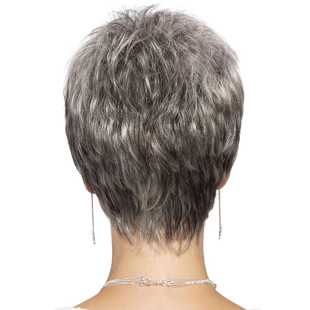 Rückansicht einer Kurzhaarperücke in Platin mit dunklem Ansatz. Graue Haare, kurze Form.