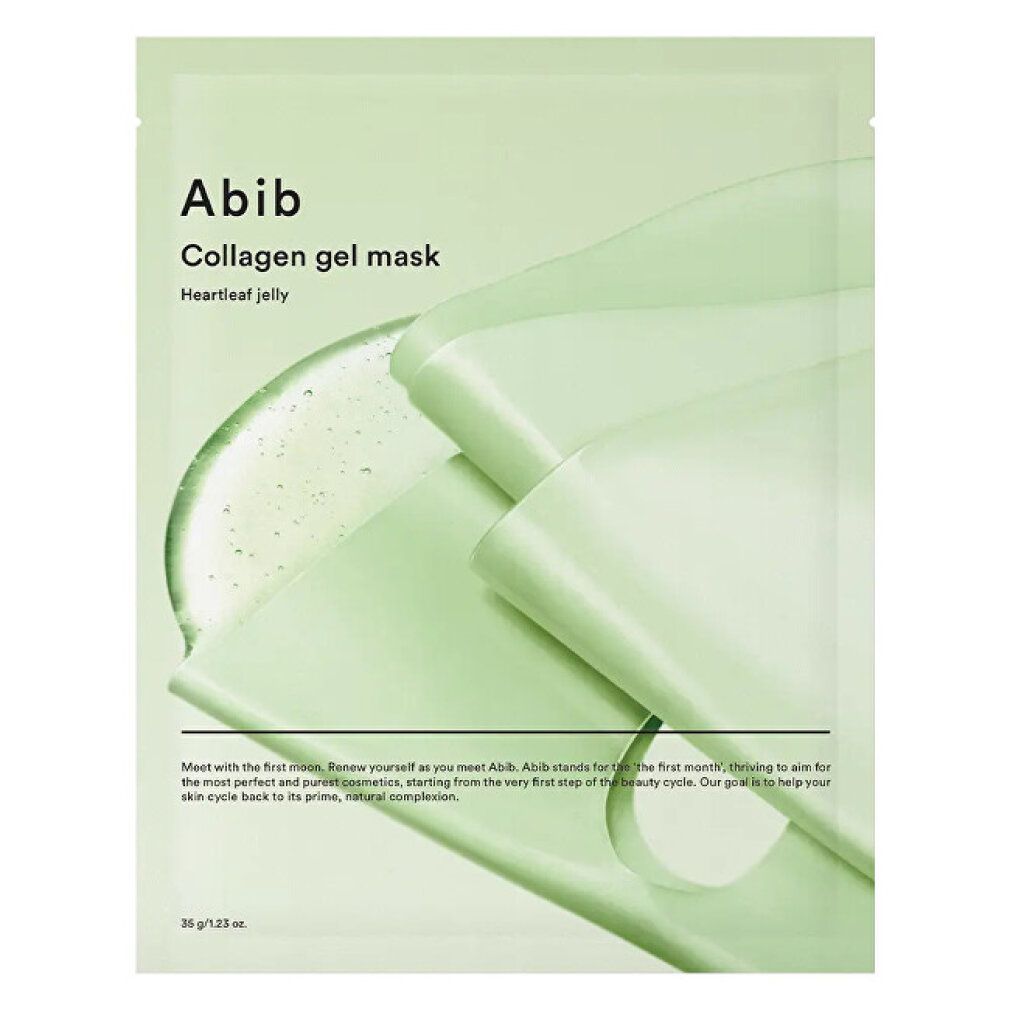 Abib Collagen Gel Mask Heartleaf Jelly Packung, leicht geöffnet, mit Gel-Overlay.