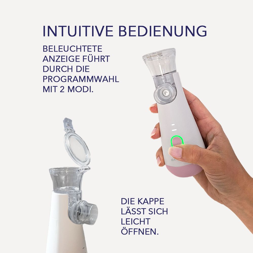 Weiß-rosa Inhalationsgerät mit beleuchteter Anzeige und Bedienknopf. Text: Intuitive Bedienung, Kappe lässt sich leicht öffnen.