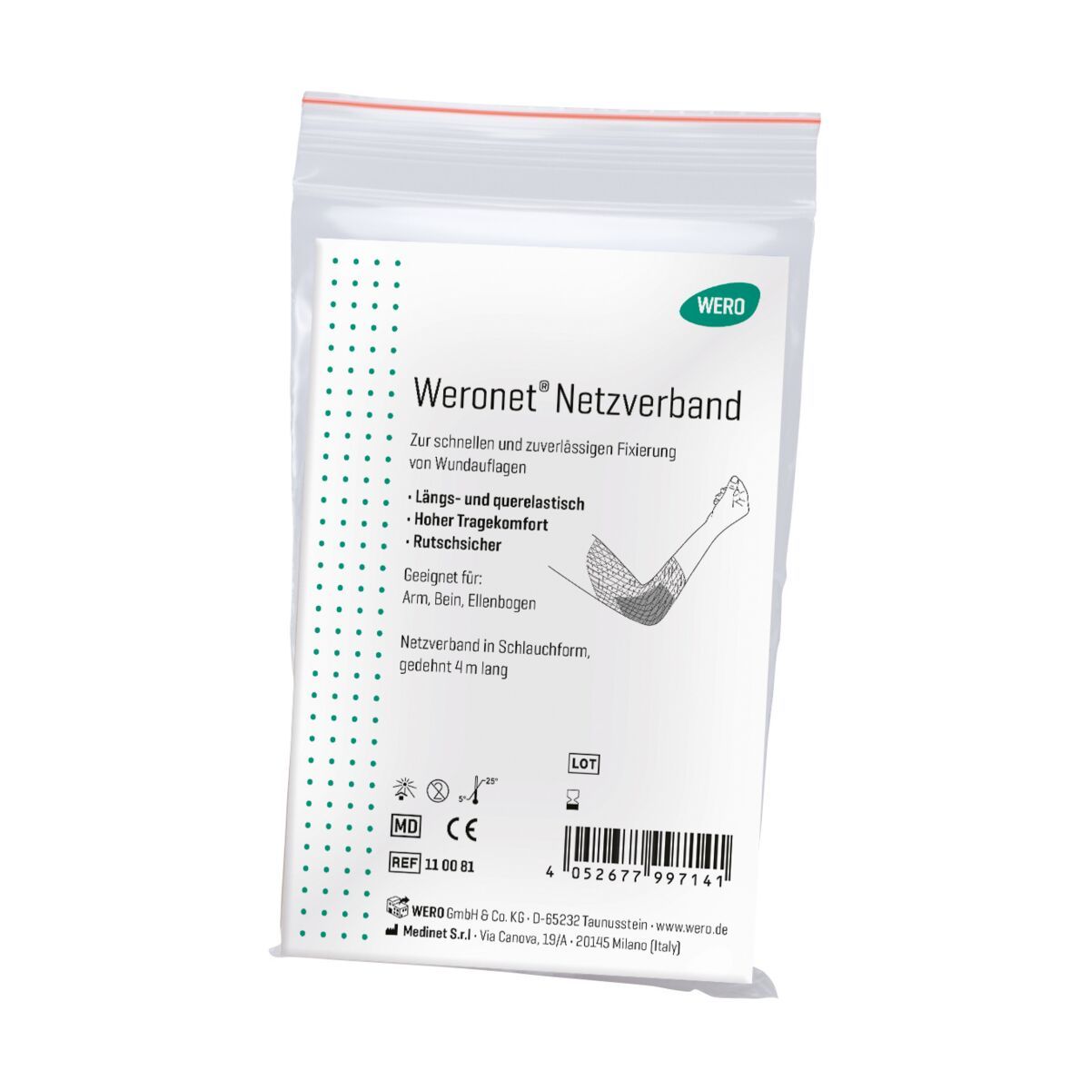 Verpackung des Weronet Netzverbands, weiß, mit Produktinformationen und Abbildung.