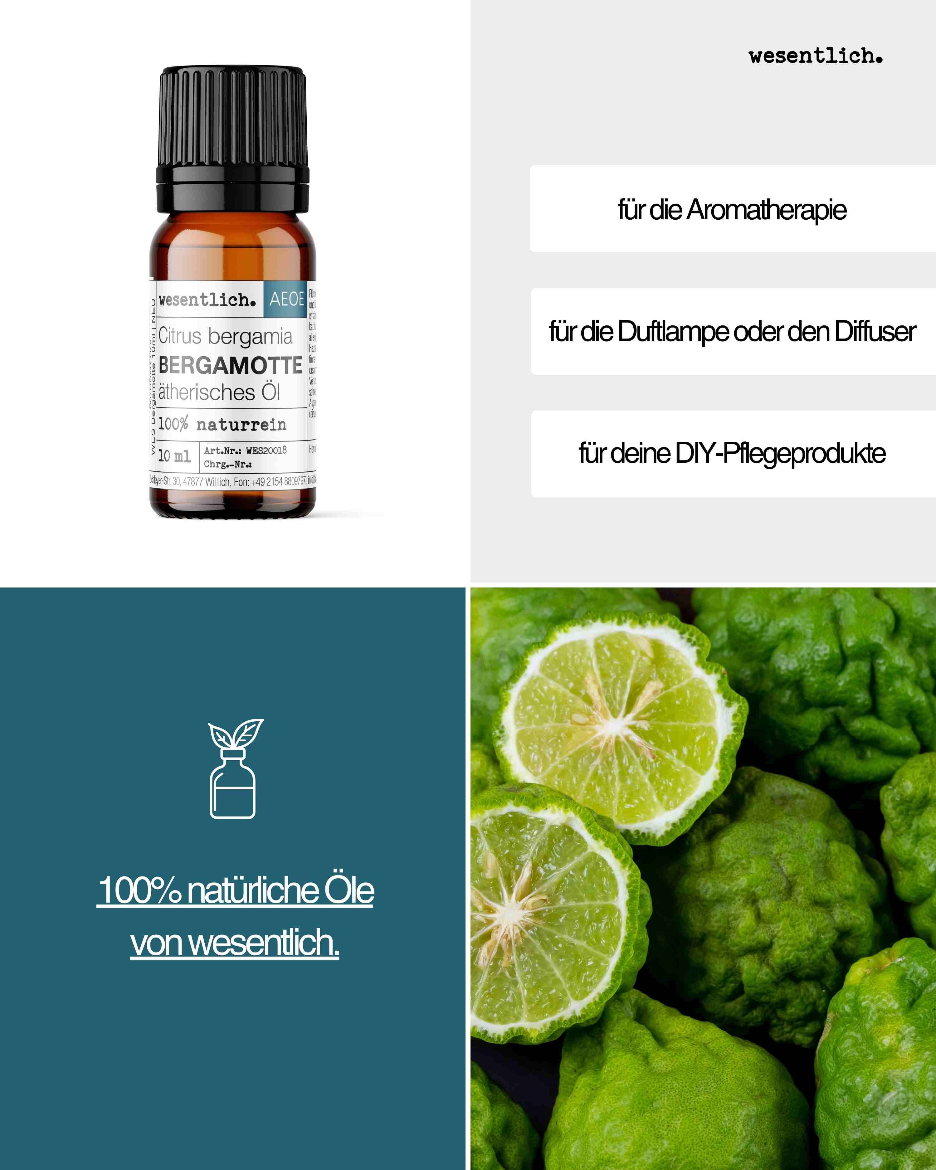 Flasche ätherisches Bergamotteöl neben Bergamotten und Textfeldern zu Aromatherapie und DIY-Pflege.