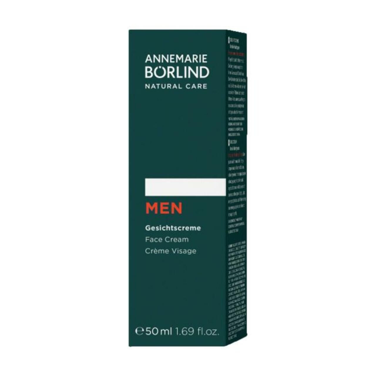 Weiße Flasche mit ANNEMARIE BÖRLIND MEN Gesichtscreme. Text: Face Cream, Crème Visage. 50 ml.